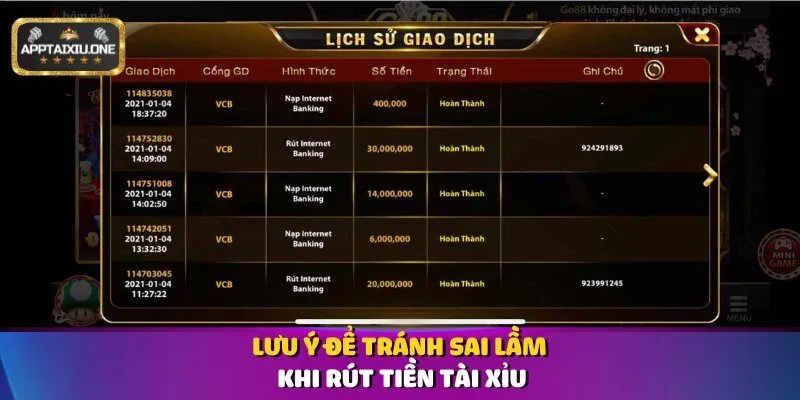 Lưu ý để tránh sai lầm khi rút tiền tài xỉu